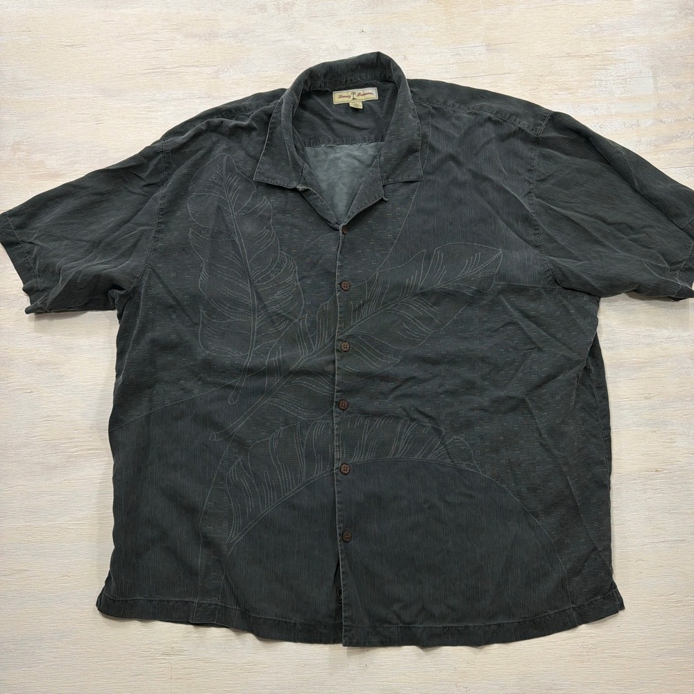 Tommy Bahama Shirt XXL Silk Embroidered Leaf Camp Button Down Gray Mens